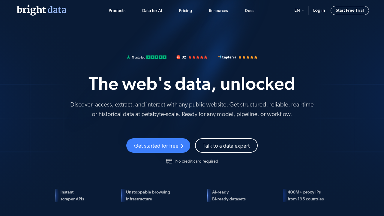 The Bright Data homepage, showcasing its services for large-scale web scraping solutions.