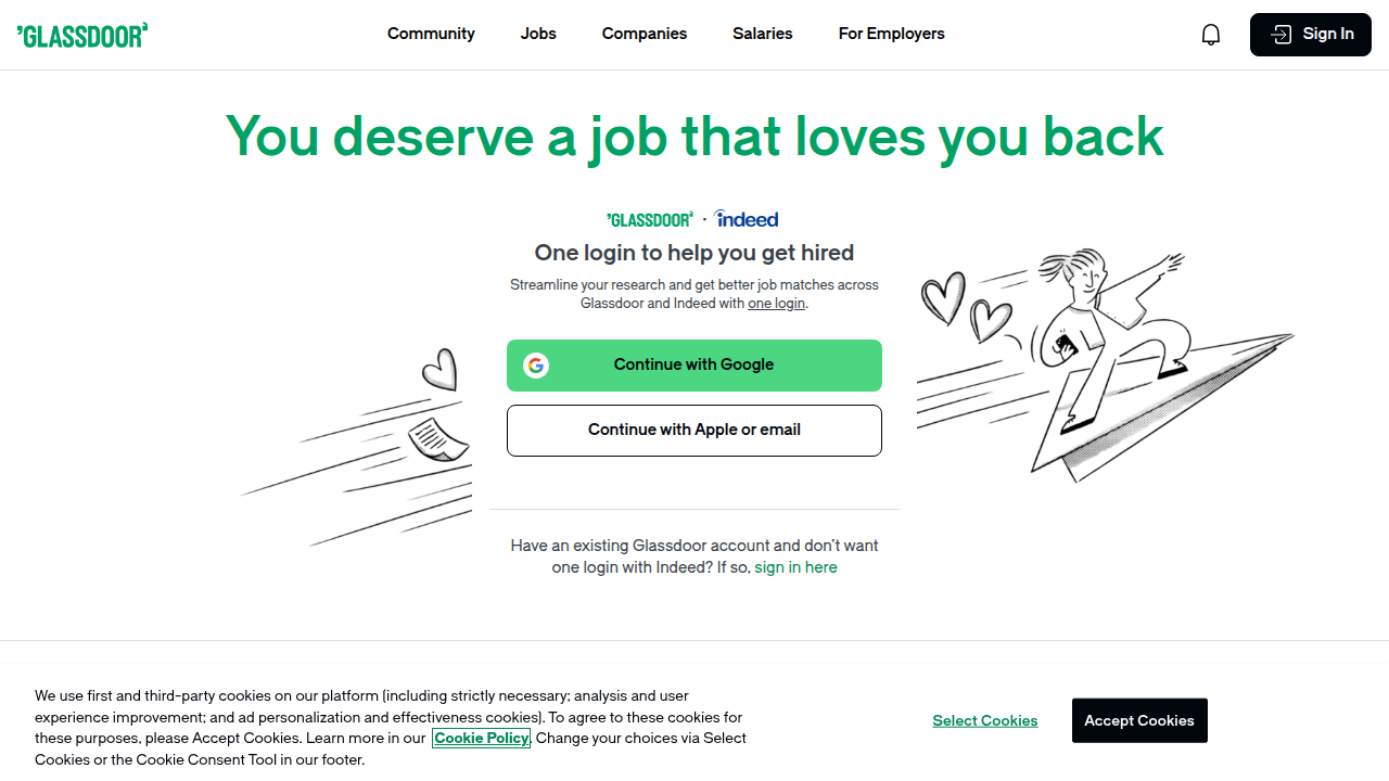 Glassdoor.com homepage, a leading platform for researching remote appointment setter salaries, company reviews, and career opportunities.