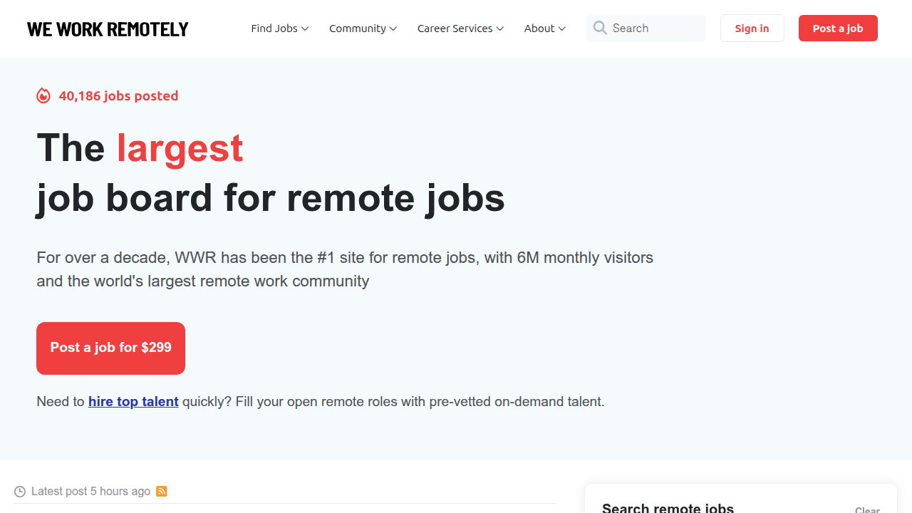 The homepage of We Work Remotely, a niche job board dedicated to curating legitimate remote work opportunities across various industries.