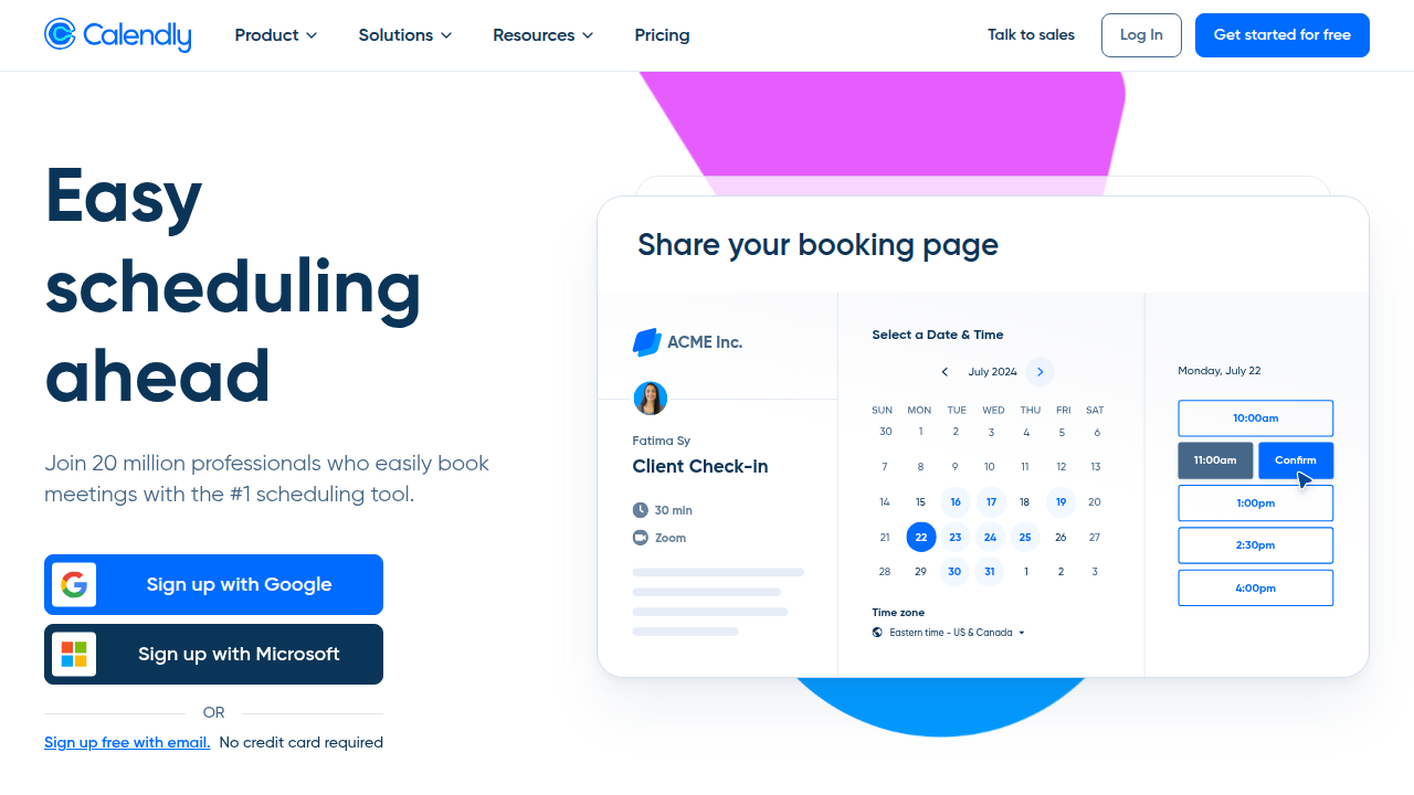 The Calendly website homepage, illustrating how the tool streamlines scheduling by automating appointment booking for sales professionals.