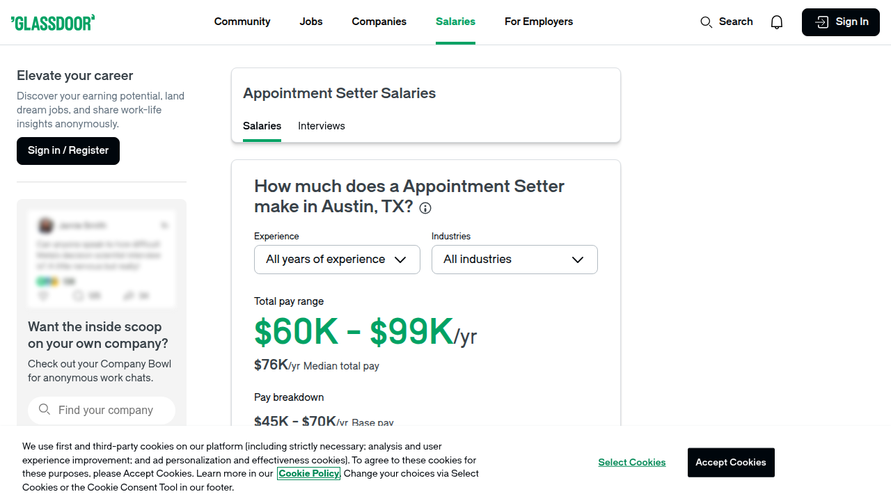 A direct screenshot of Glassdoor's salary page for appointment setters in Austin, Texas, showing real-time earnings data.