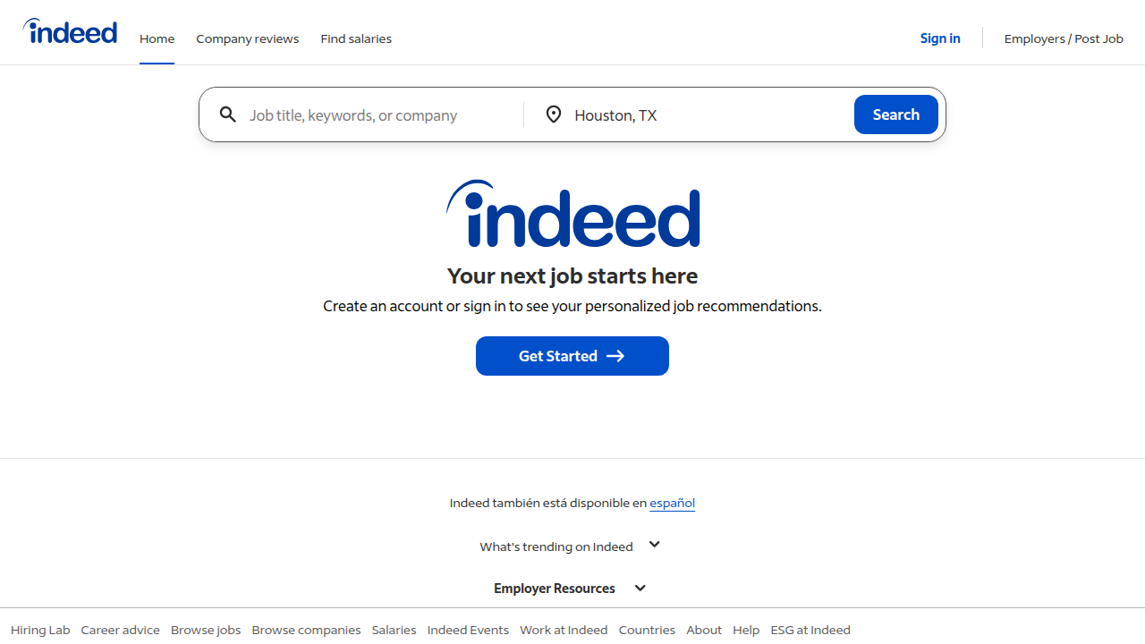 The homepage of Indeed, a widely used job board, which can be a source of both legitimate opportunities and potential scams.