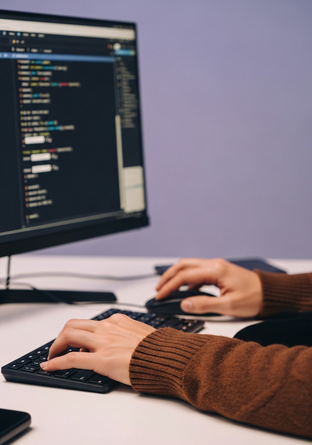 A smiling professional efficiently managing tasks on an intuitive computer interface, demonstrating productivity and satisfaction.