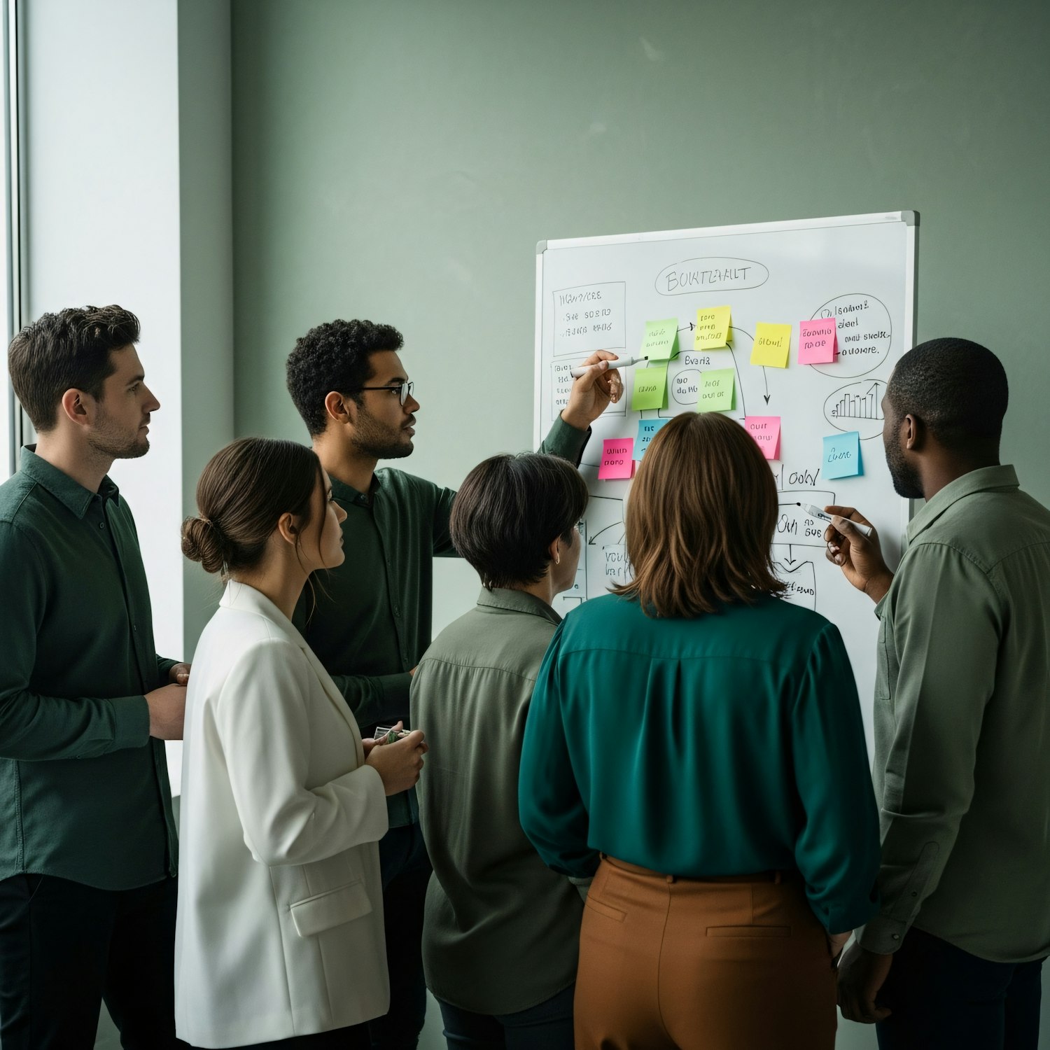 A diverse team collaboratively brainstorming and sketching ideas on a whiteboard, symbolizing the "Develop" phase of UX design.