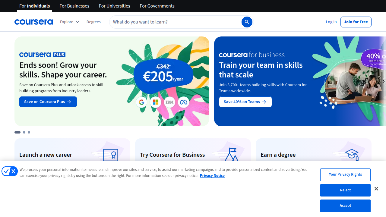 Homepage screenshot of Coursera, an online learning platform offering courses and certificates, including those for UX design.
