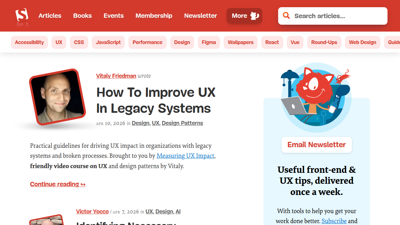 Homepage screenshot of Smashing Magazine, an online publication for web designers and developers.