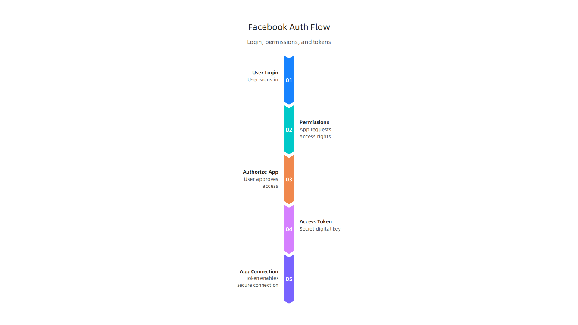 An infographic visually explaining the Facebook authentication process, showing how access tokens and permissions facilitate secure app connections.
