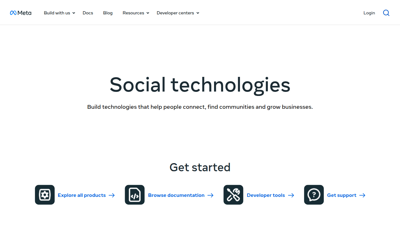 Screenshot of the Facebook for Developers homepage, relevant for understanding access tokens and third-party app integrations.