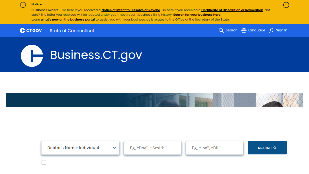 The Connecticut Secretary of the State's Uniform Commercial Code (UCC) online inquiry system, used for searching lien filings against businesses.