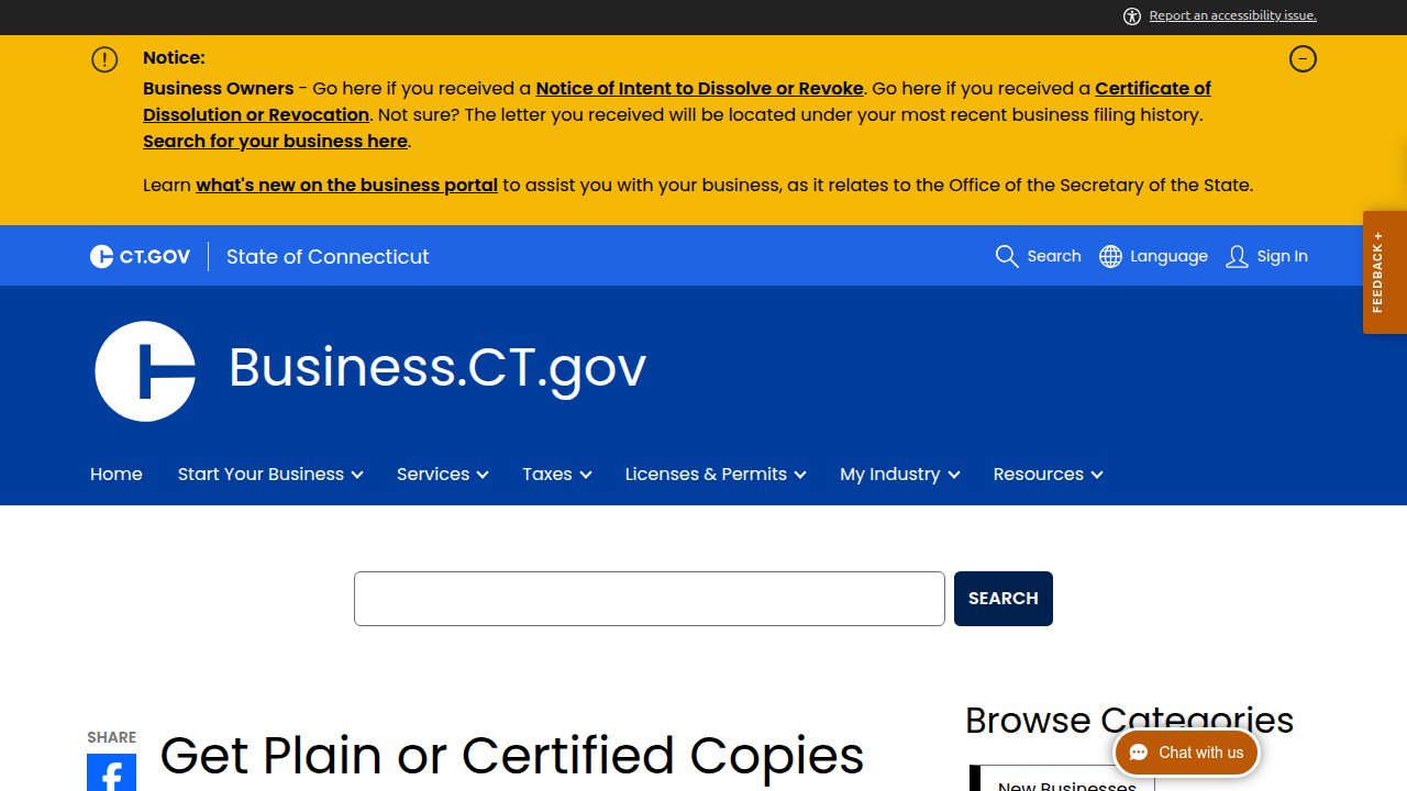 The Business.CT.gov knowledge base article detailing the process for obtaining plain or certified copies of business records.