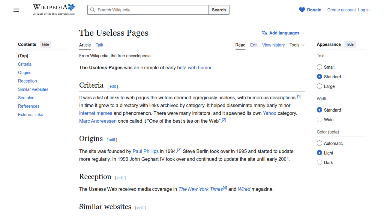 A screenshot of the Wikipedia page for 'The Useless Pages,' highlighting its historical significance in early internet humor.