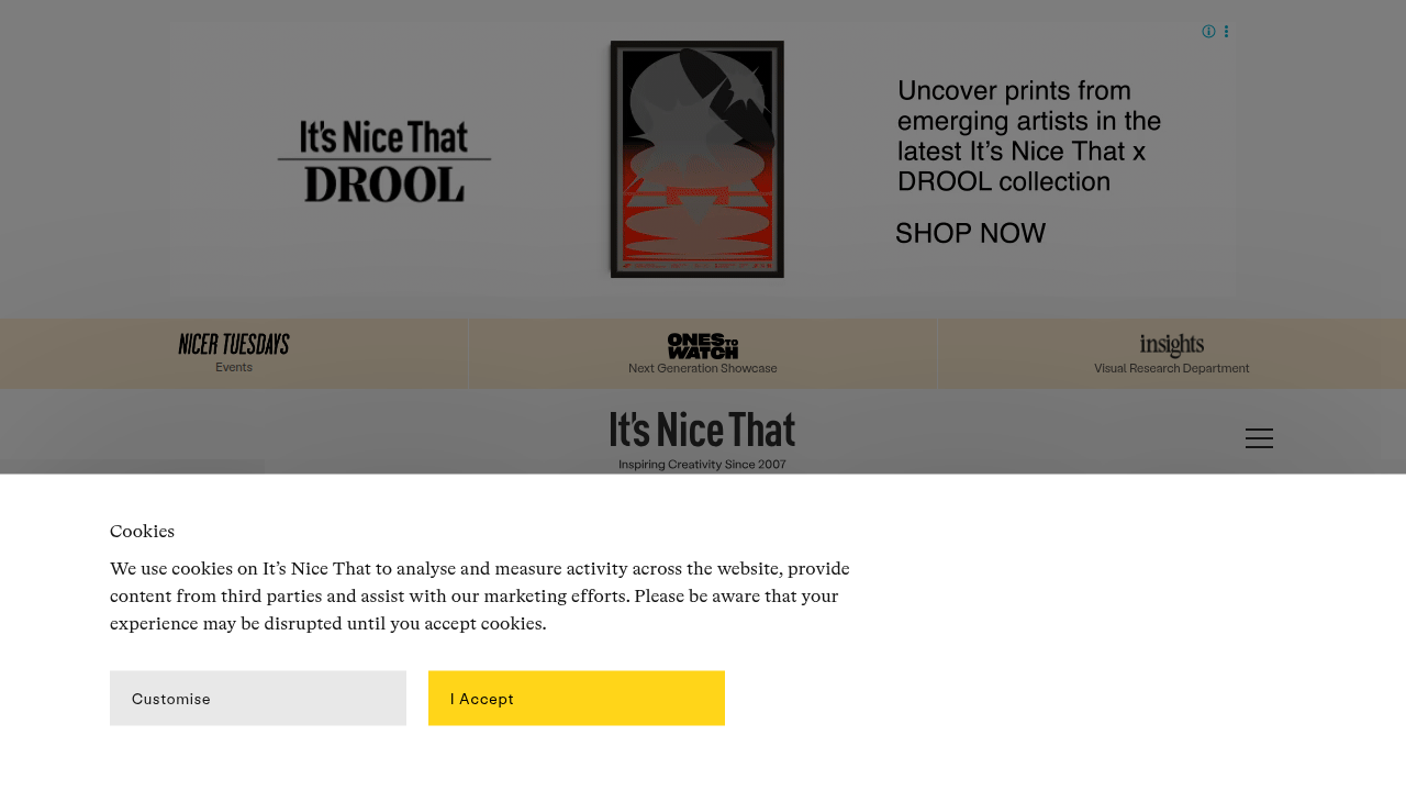 A screenshot of the 'It's Nice That' homepage, a creative platform that once featured the creator of The Useless Web.