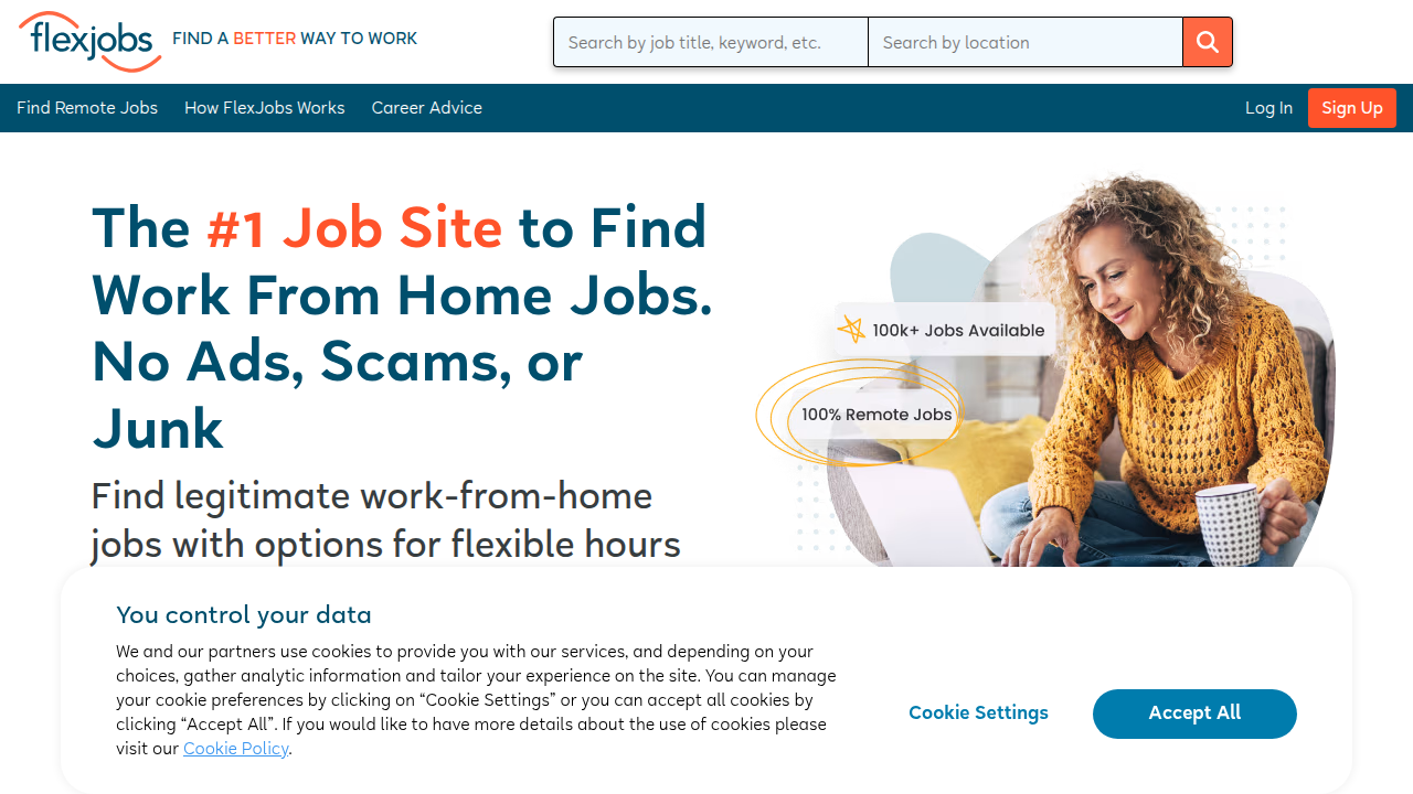 The homepage of FlexJobs, a platform known for listing remote and flexible job opportunities, as referenced for remote work statistics.