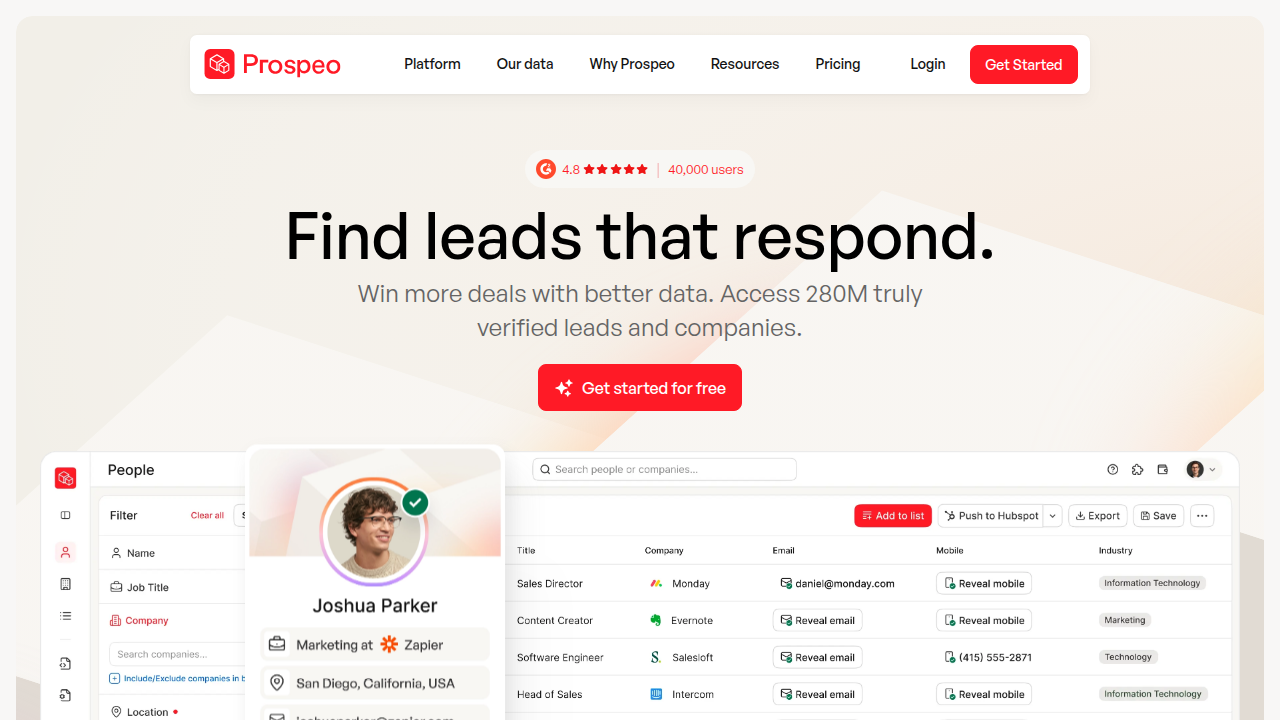 The homepage of Prospeo, a B2B lead generation platform, offering insights and guides relevant to appointment setters and their compensation.