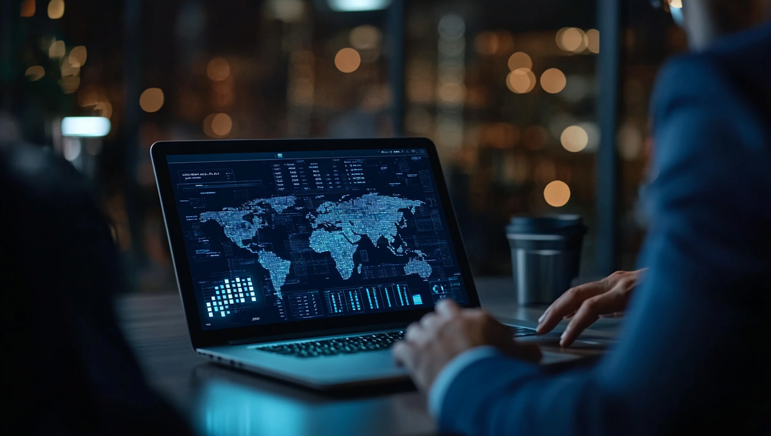 A remote worker actively engaging in cybersecurity measures, such as using a VPN or secure device, to protect sensitive financial information.